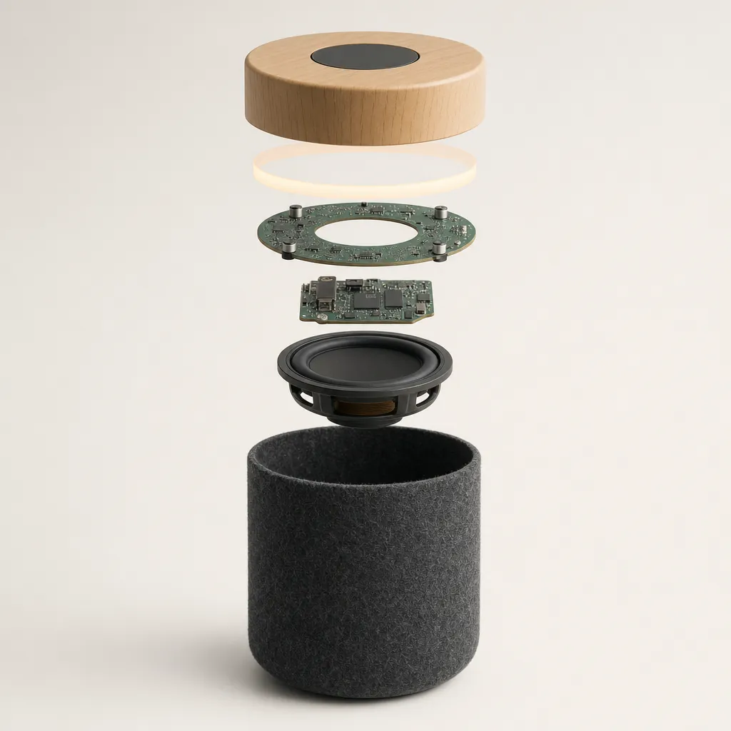 Exploded view of the speaker: ash cap, light diffuser ring, microphone board, compute board, driver and felt shell.