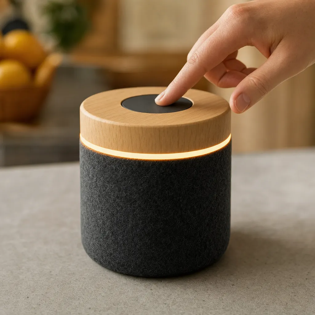 A fingertip touching the black touch disc on top of the speaker while the band glows amber.