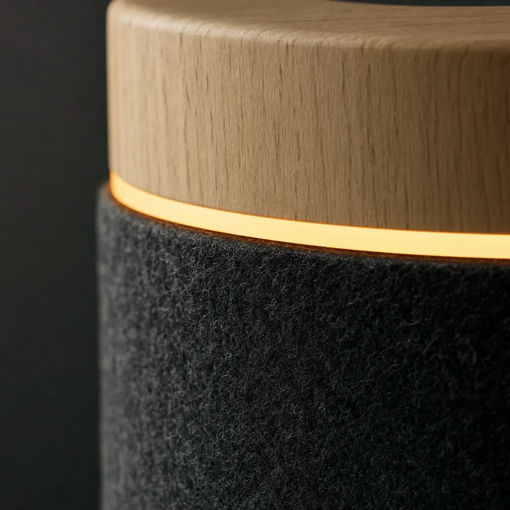 Macro of the seam between ash wood and felt, with the amber light band glowing.