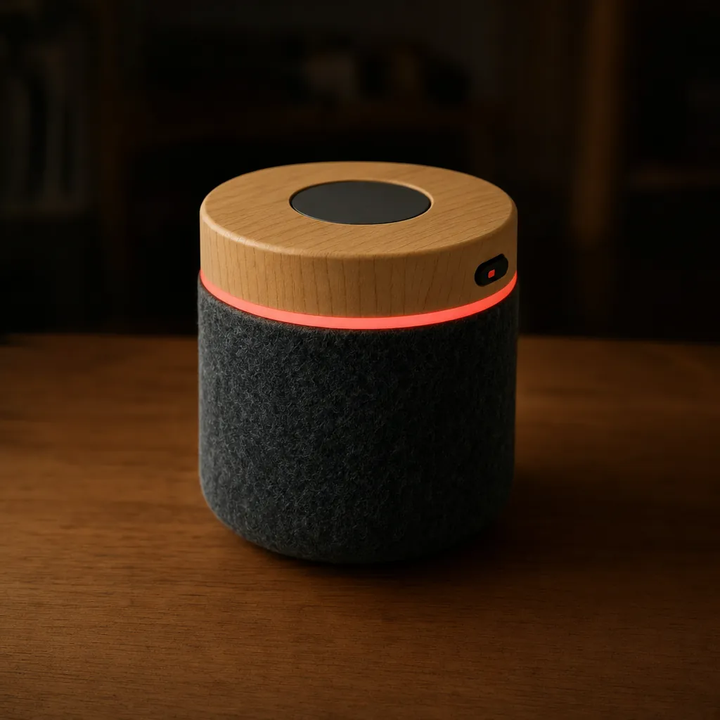 The speaker in a dim room with its band glowing red because the microphones are switched off.