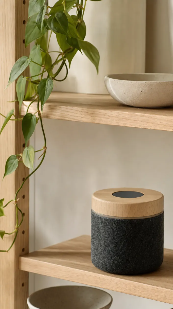 The speaker on a white oak shelf among ceramics and a trailing plant, with its light off.