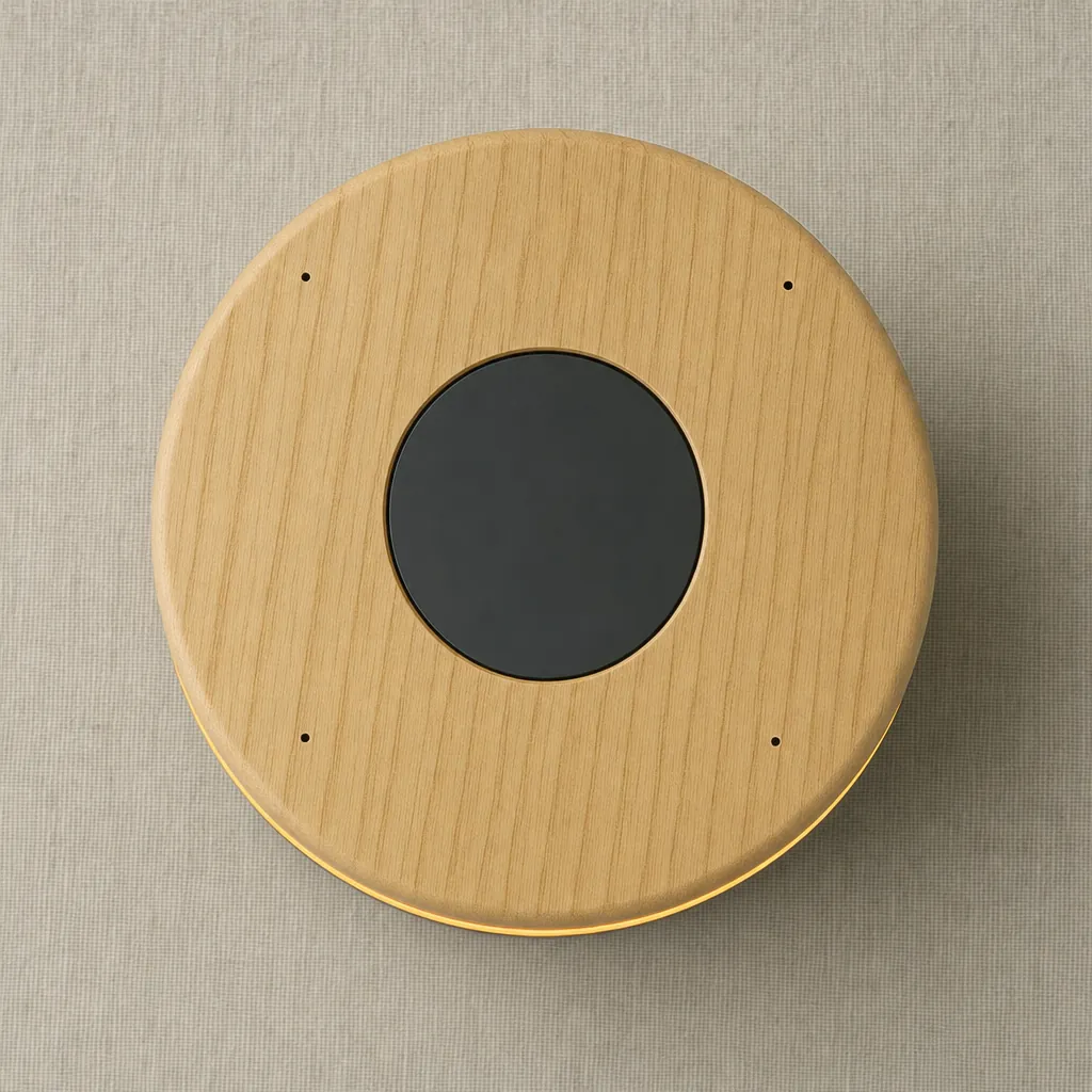 Top-down view of the ash cap with a black touch disc in the center and four tiny microphone holes near the edge.